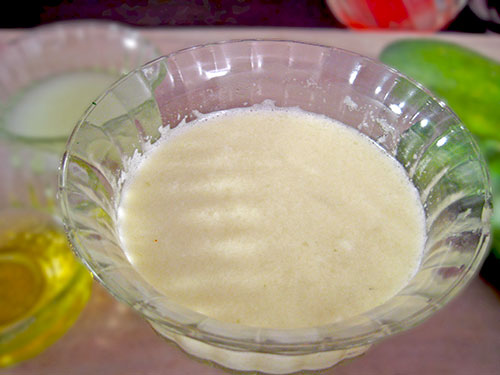 Combination of cucumber, eggs and oilv oil